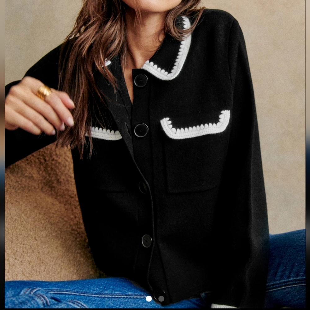 Sezane Black Cardigan with White Trim